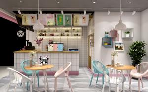 奶茶店吧臺(tái)設(shè)計(jì)，奶茶店吊頂效果圖，奶茶店墻飾效果圖，鄭州奶茶店裝修